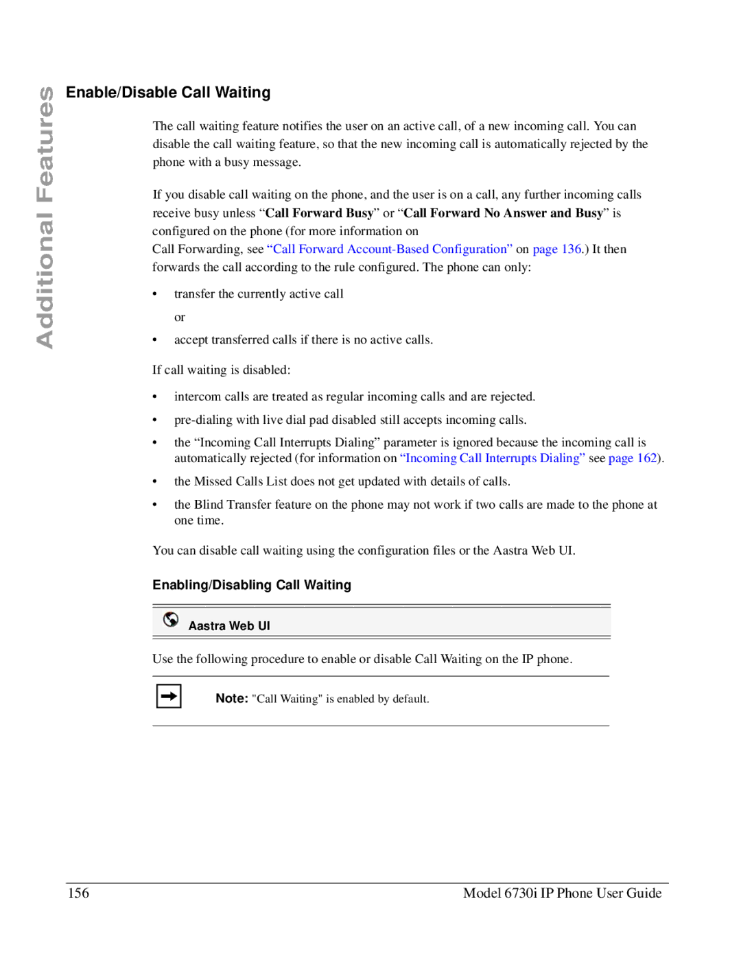 Aastra Telecom 6730I manual Enable/Disable Call Waiting, Model 6730i IP Phone User Guide, Enabling/Disabling Call Waiting 