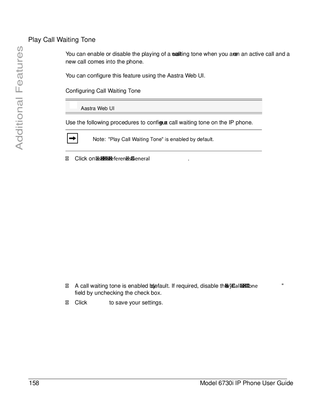 Aastra Telecom 6730I manual Play Call Waiting Tone, Model 6730i IP Phone User Guide, Configuring Call Waiting Tone 