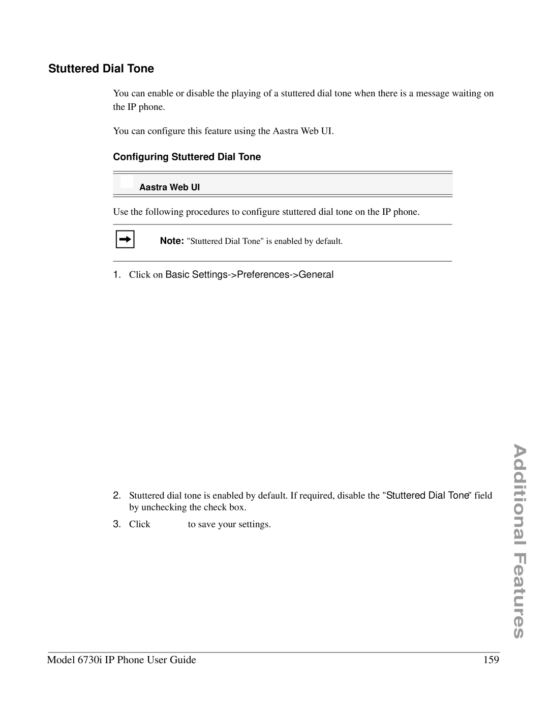 Aastra Telecom 6730I manual Model 6730i IP Phone User Guide 159, Configuring Stuttered Dial Tone 