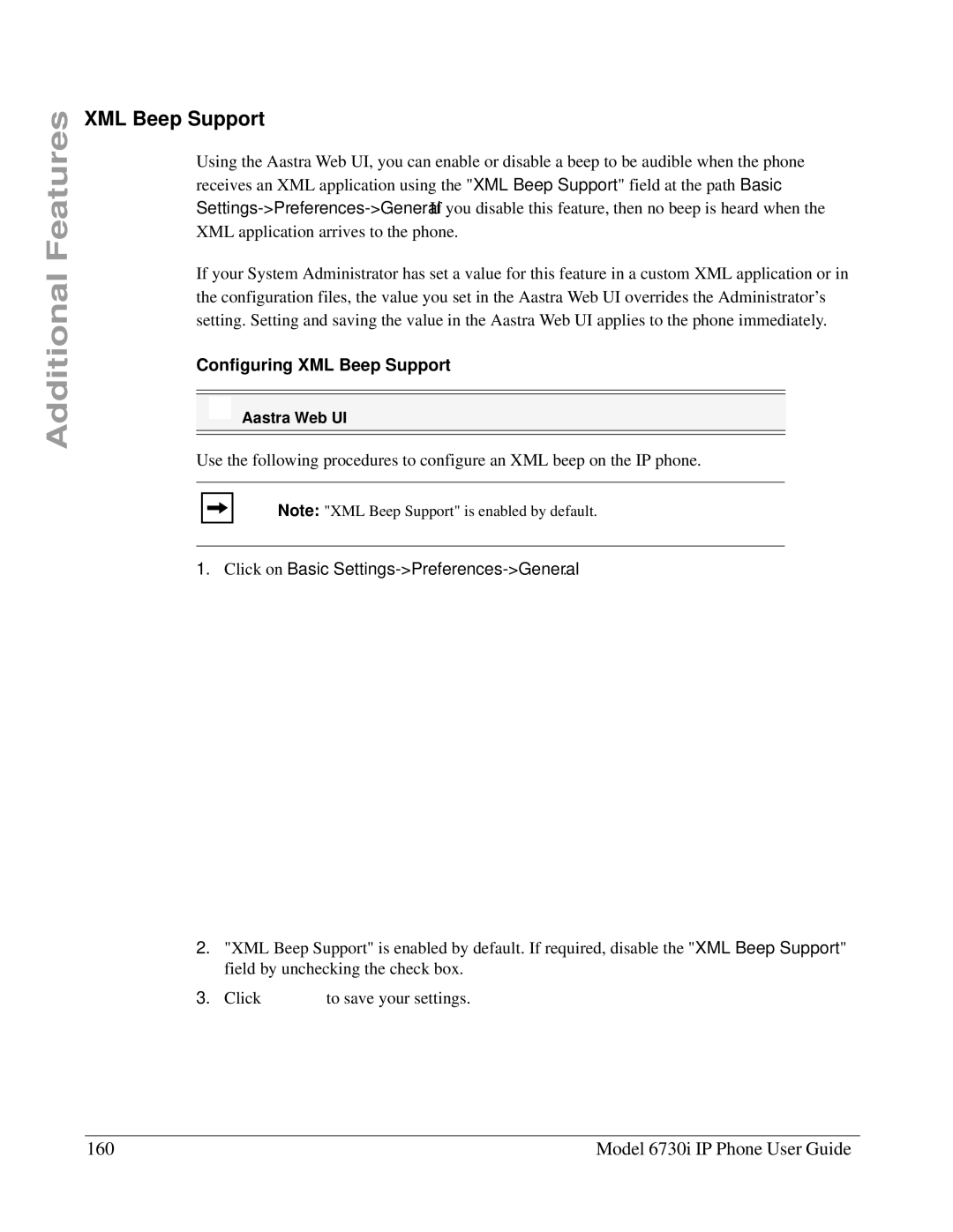 Aastra Telecom 6730I manual Model 6730i IP Phone User Guide, Configuring XML Beep Support 