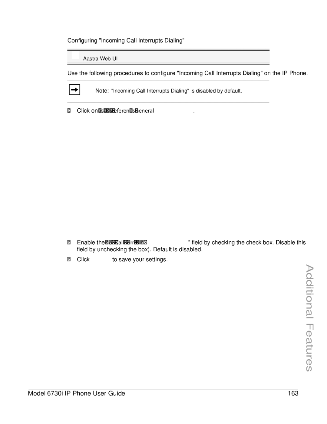 Aastra Telecom 6730I manual Model 6730i IP Phone User Guide 163, Configuring Incoming Call Interrupts Dialing 