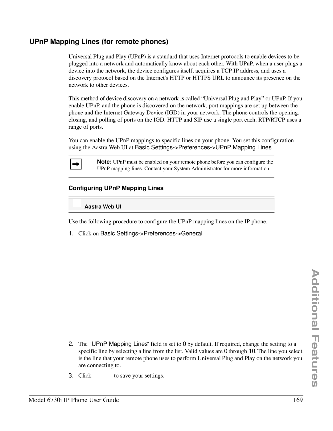 Aastra Telecom 6730I manual UPnP Mapping Lines for remote phones, Model 6730i IP Phone User Guide 169 