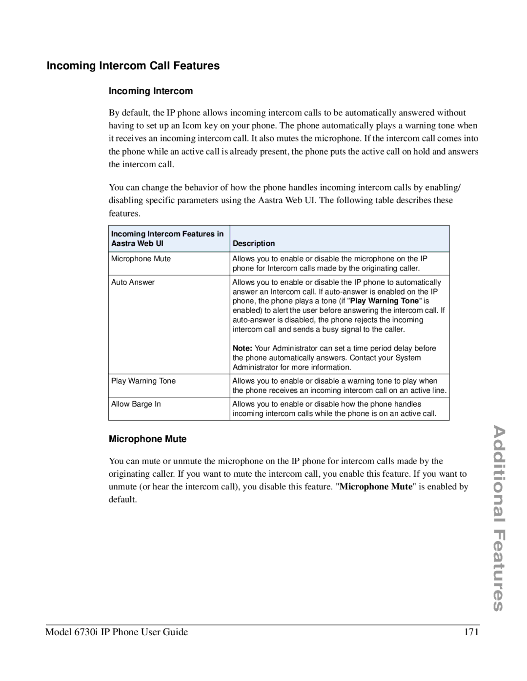 Aastra Telecom 6730I manual Incoming Intercom Call Features, Model 6730i IP Phone User Guide 171, Microphone Mute 