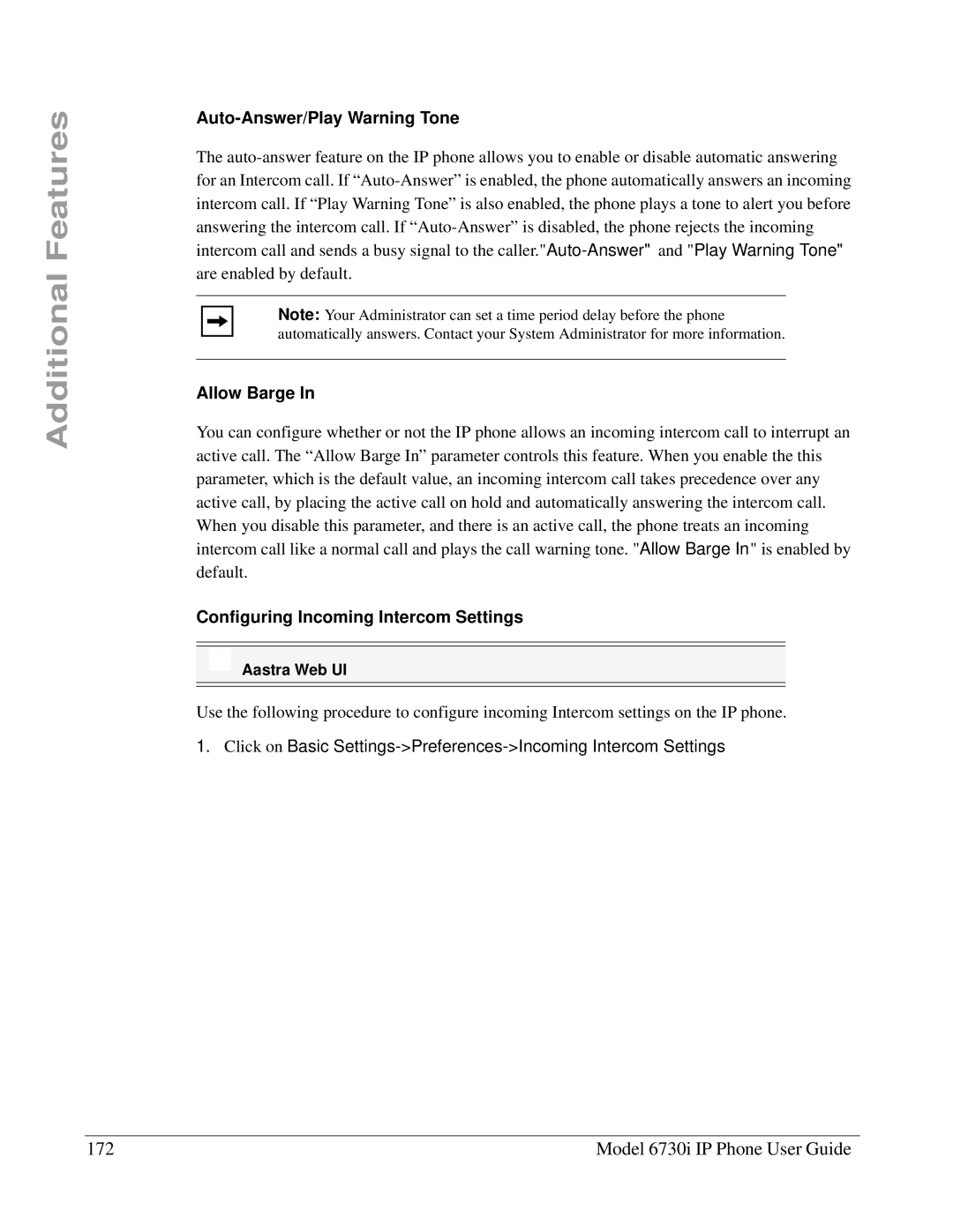 Aastra Telecom 6730I manual Model 6730i IP Phone User Guide, Auto-Answer/Play Warning Tone, Allow Barge 