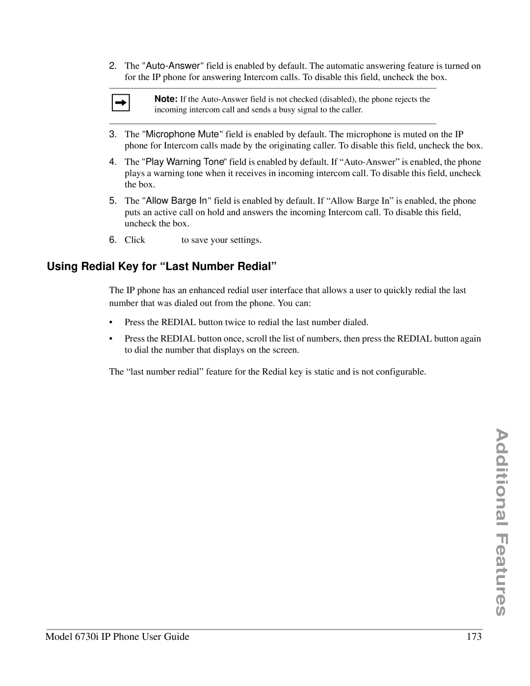 Aastra Telecom 6730I manual Using Redial Key for Last Number Redial, Model 6730i IP Phone User Guide 173 