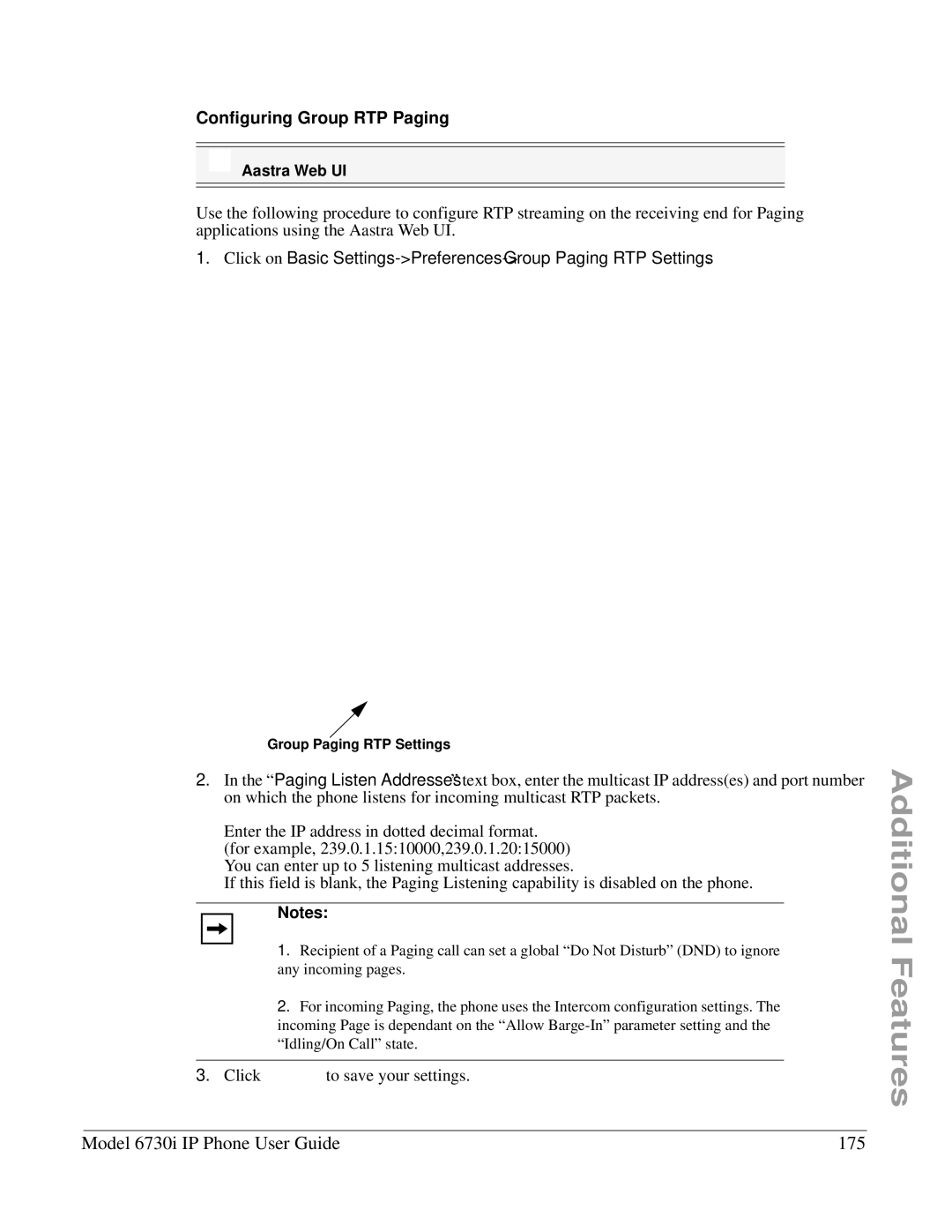 Aastra Telecom 6730I manual Model 6730i IP Phone User Guide 175, Configuring Group RTP Paging, Group Paging RTP Settings 