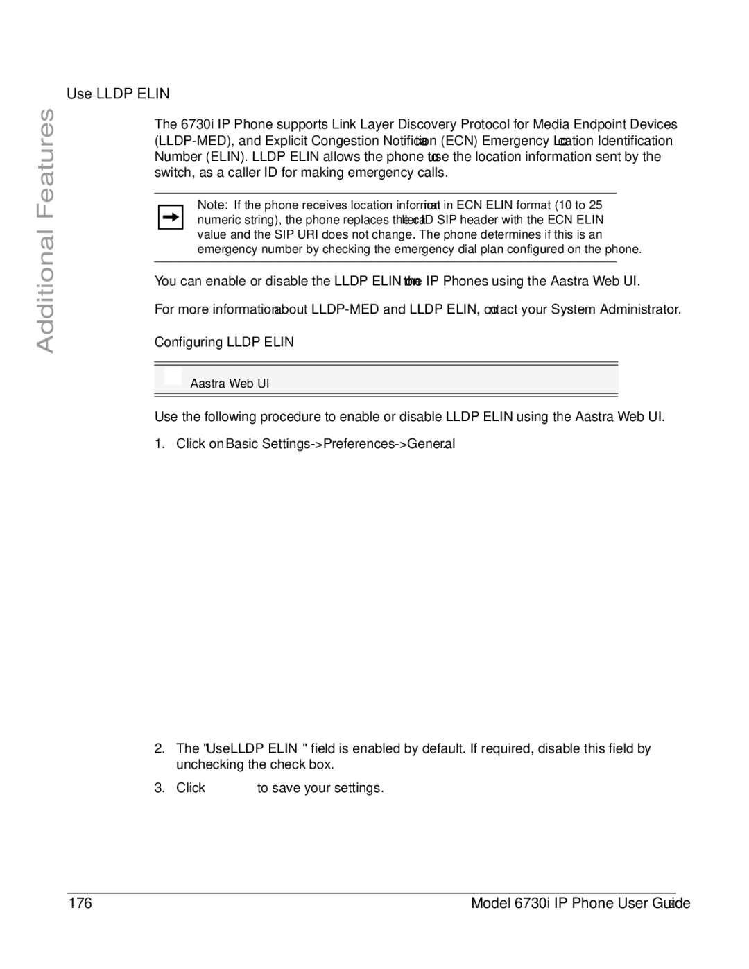 Aastra Telecom 6730I manual Model 6730i IP Phone User Guide, Configuring Lldp Elin 