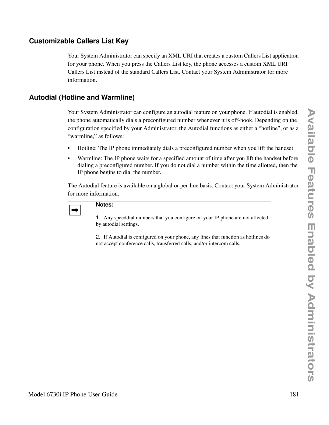 Aastra Telecom 6730I Customizable Callers List Key, Autodial Hotline and Warmline, Model 6730i IP Phone User Guide 181 