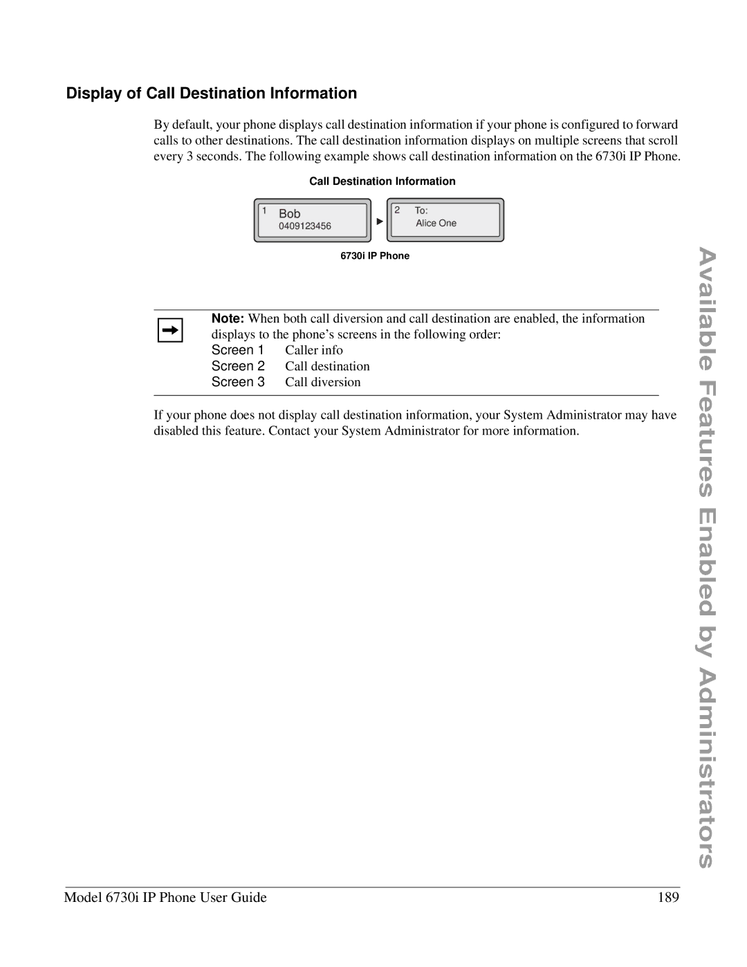 Aastra Telecom 6730I manual Display of Call Destination Information, Model 6730i IP Phone User Guide 189 