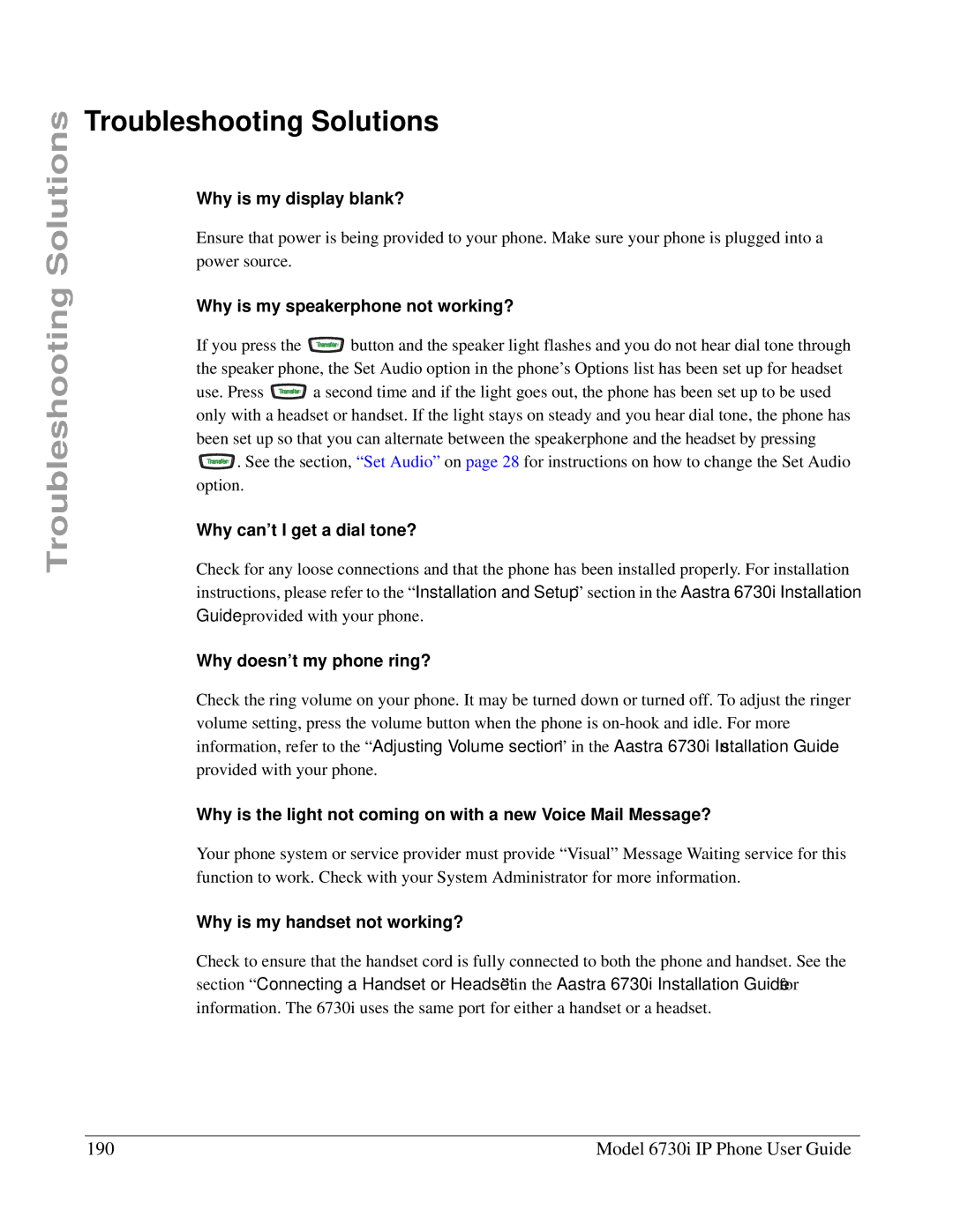 Aastra Telecom 6730I manual Troubleshooting Solutions, Model 6730i IP Phone User Guide 