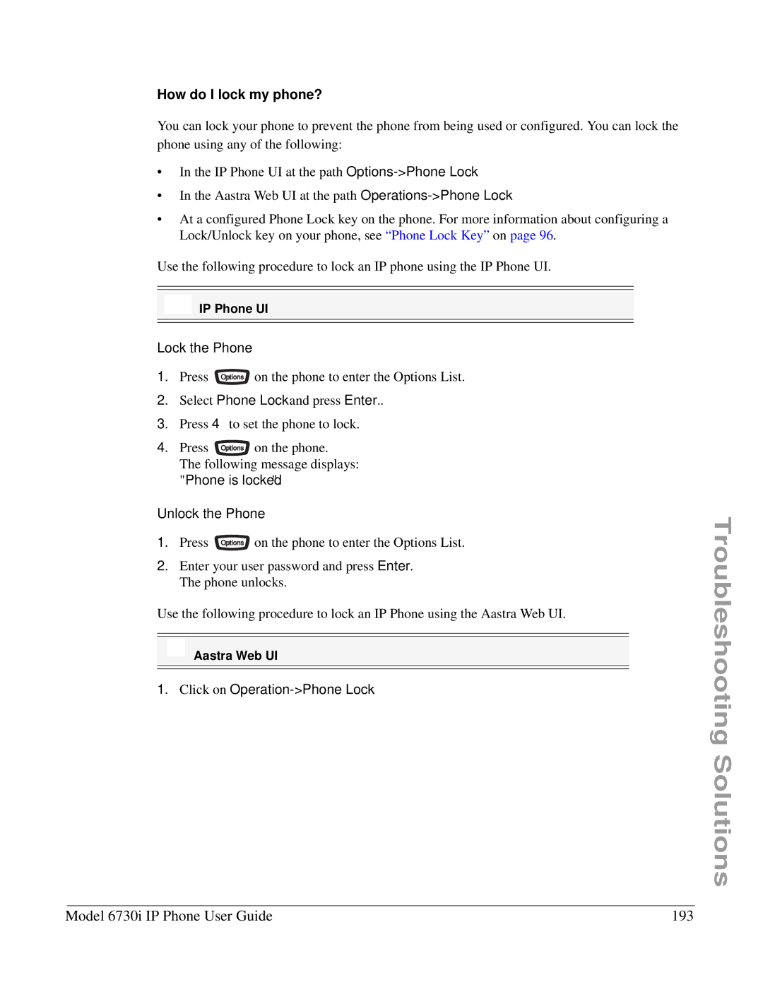 Aastra Telecom 6730I manual Model 6730i IP Phone User Guide 193, How do I lock my phone? 