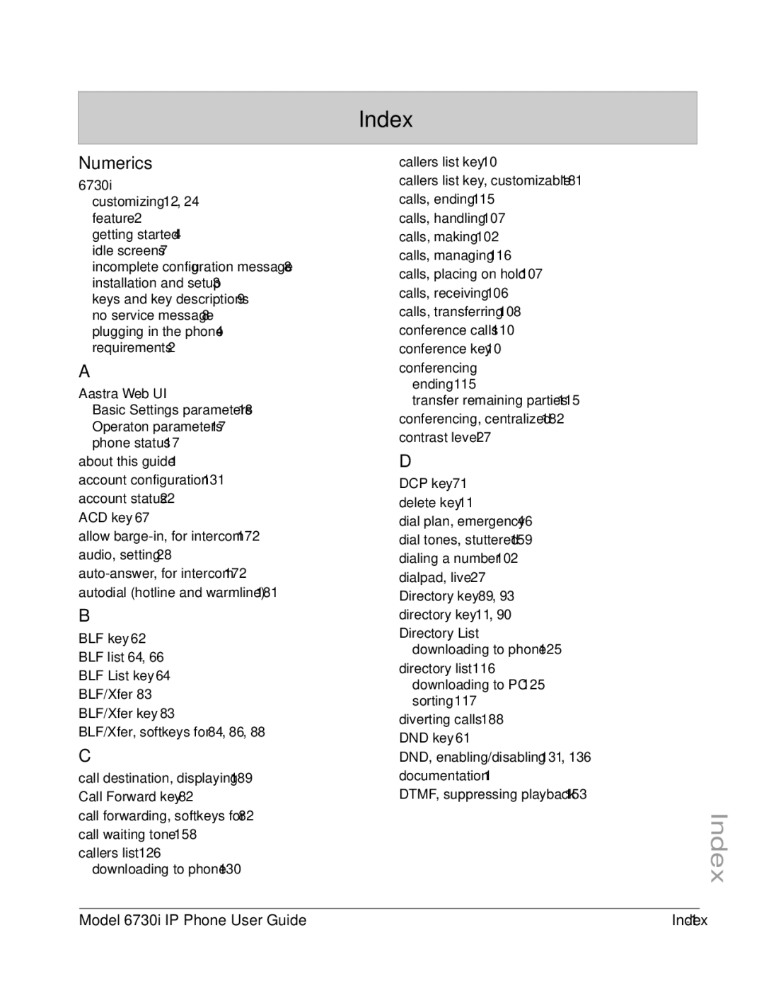 Aastra Telecom 6730I manual Model 6730i IP Phone User Guide Index-1 