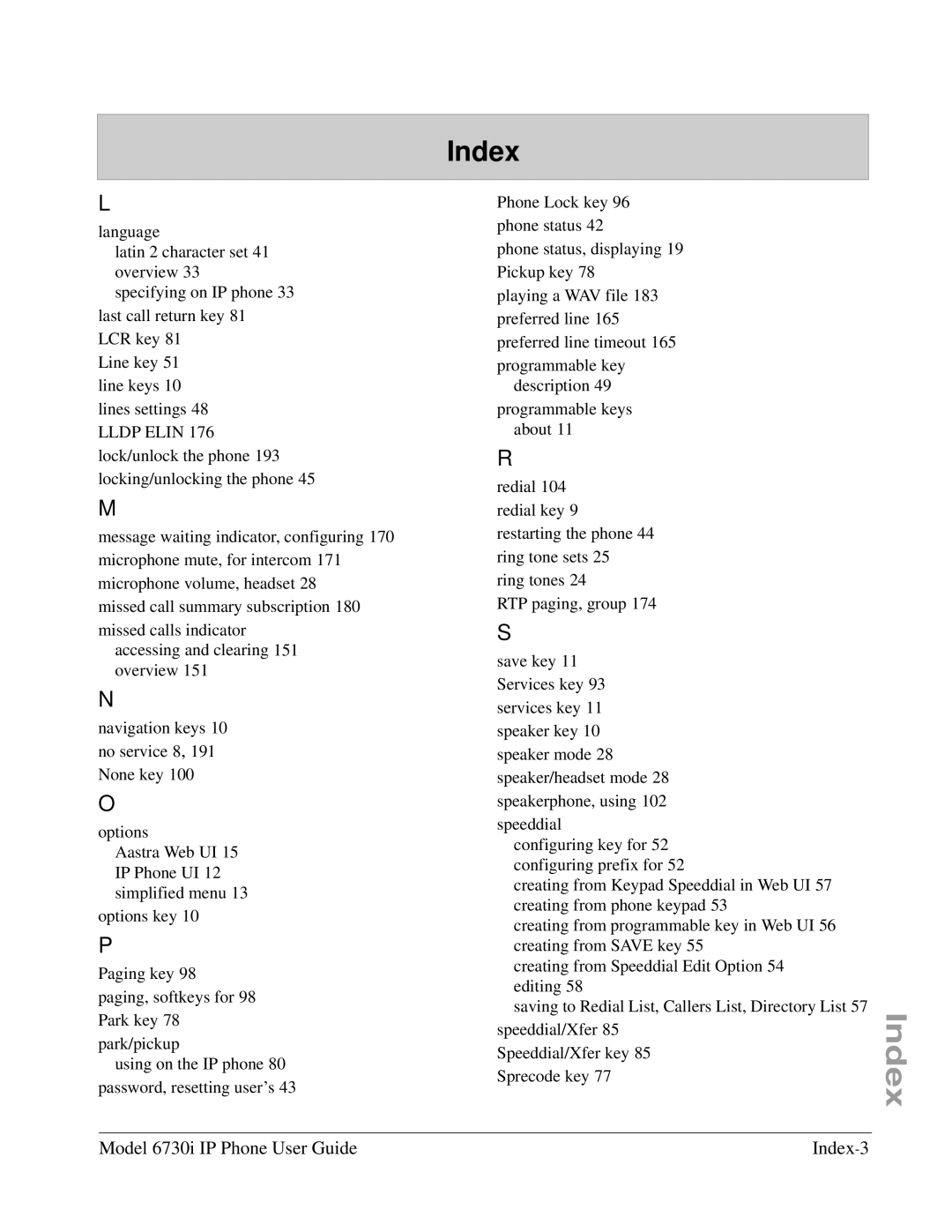 Aastra Telecom 6730I manual Model 6730i IP Phone User Guide Index-3 