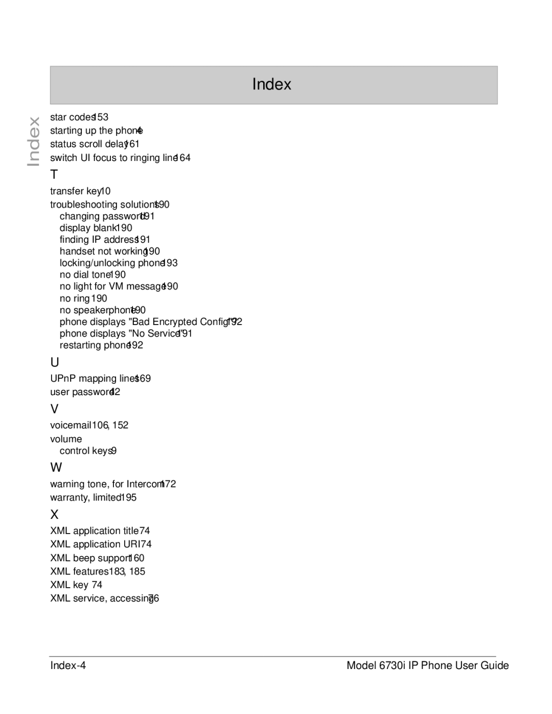 Aastra Telecom 6730I manual Index-4 Model 6730i IP Phone User Guide 