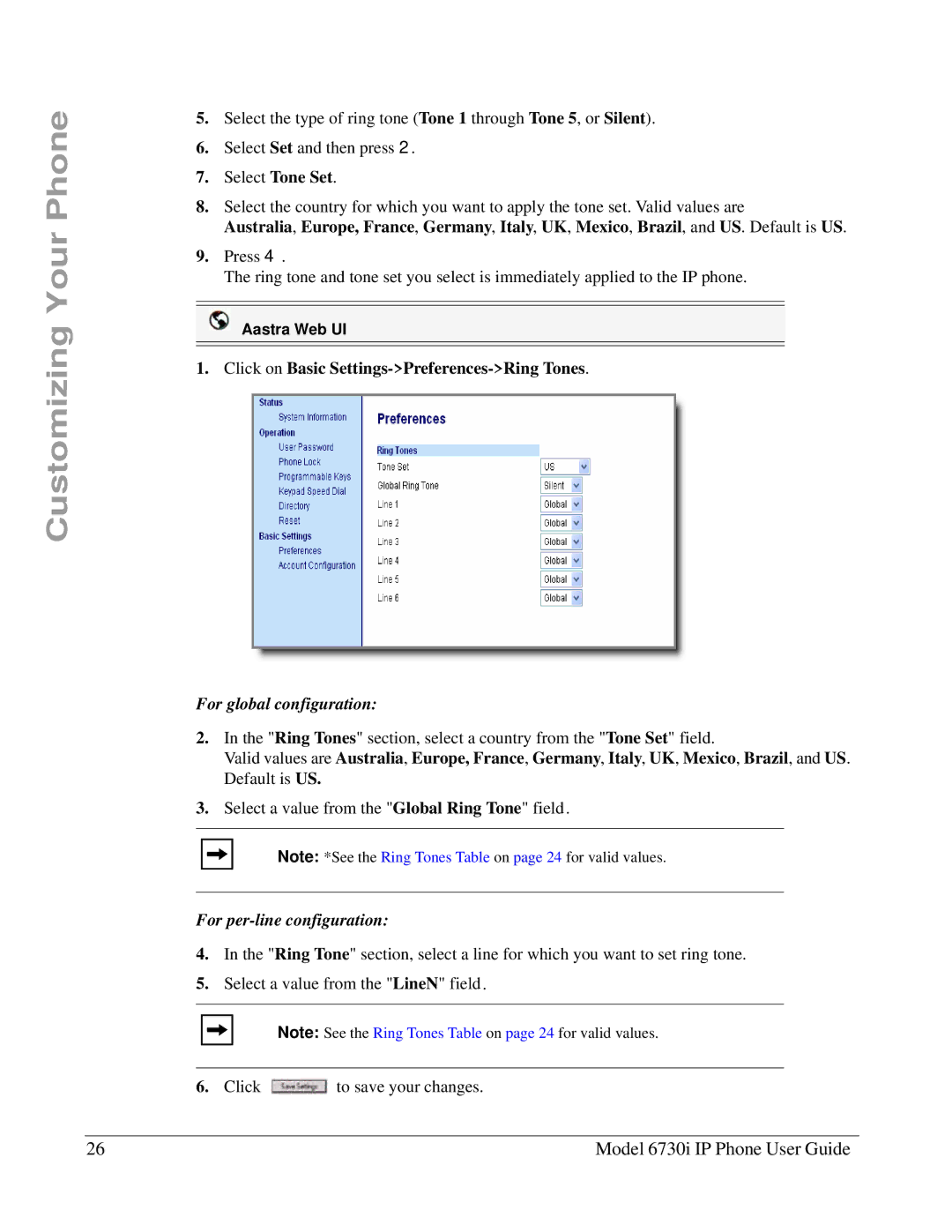 Aastra Telecom 6730I manual Click on Basic Settings-Preferences-Ring Tones, For global configuration 