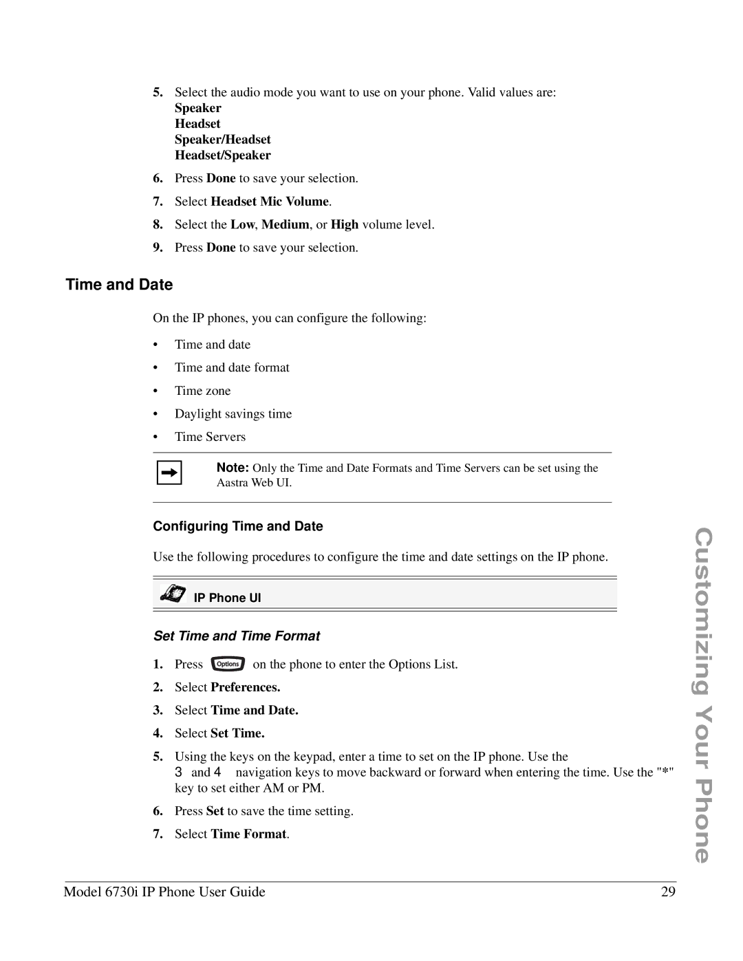 Aastra Telecom 6730I manual Configuring Time and Date, Set Time and Time Format 