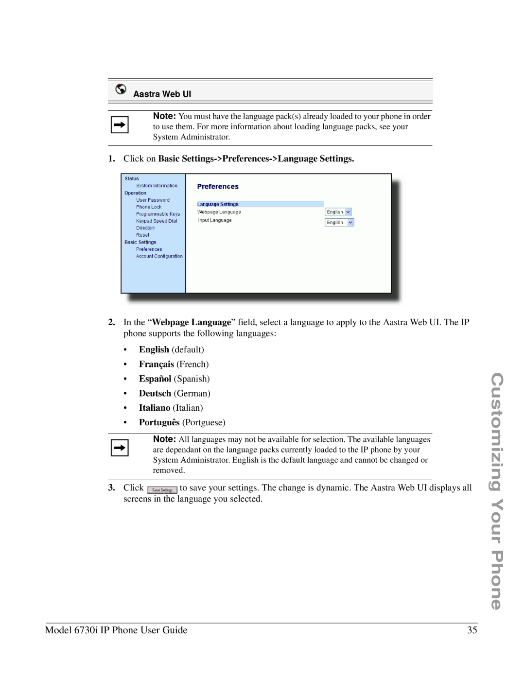 Aastra Telecom 6730I manual Click on Basic Settings-Preferences-Language Settings 