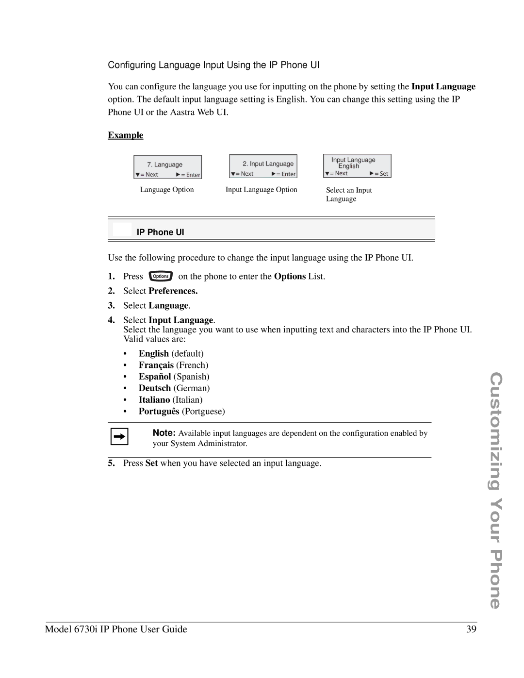 Aastra Telecom 6730I manual Configuring Language Input Using the IP Phone UI, Example, Select Input Language 