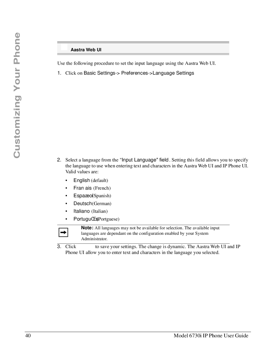 Aastra Telecom 6730I manual Click on Basic Settings- Preferences-Language Settings 