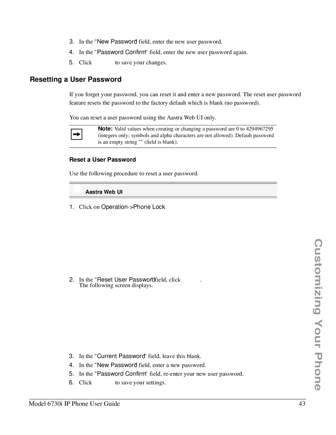 Aastra Telecom 6730I manual Resetting a User Password, Reset a User Password 