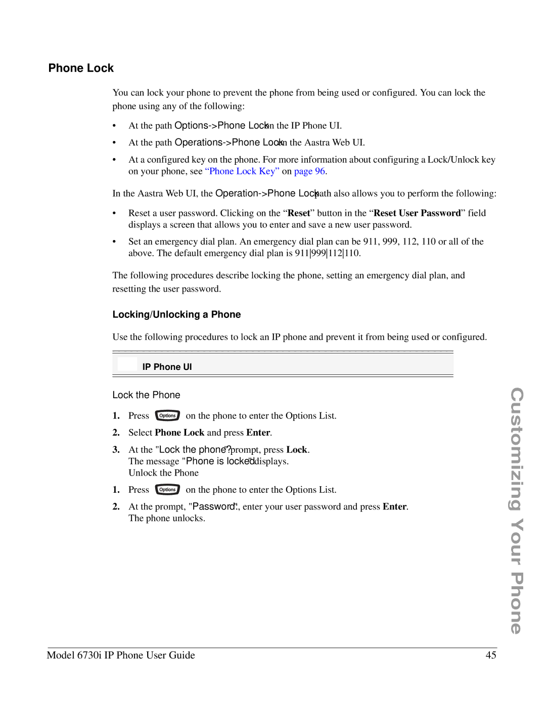 Aastra Telecom 6730I manual Phone Lock, Locking/Unlocking a Phone, Lock the Phone 