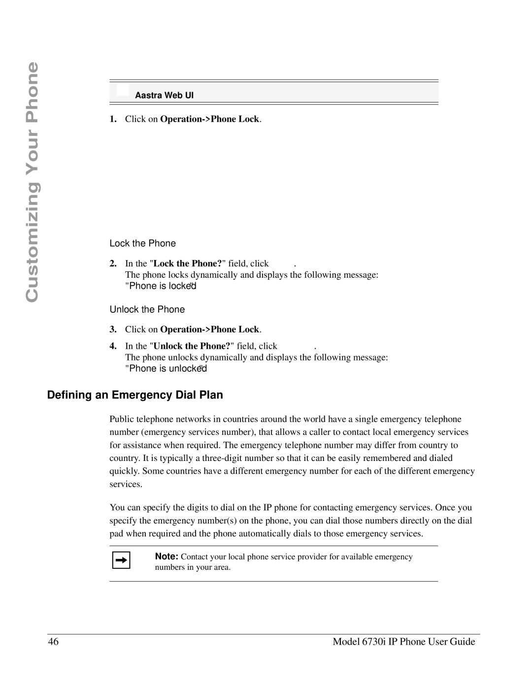 Aastra Telecom 6730I manual Defining an Emergency Dial Plan, Click on Operation-Phone Lock, Lock the Phone? field, click 