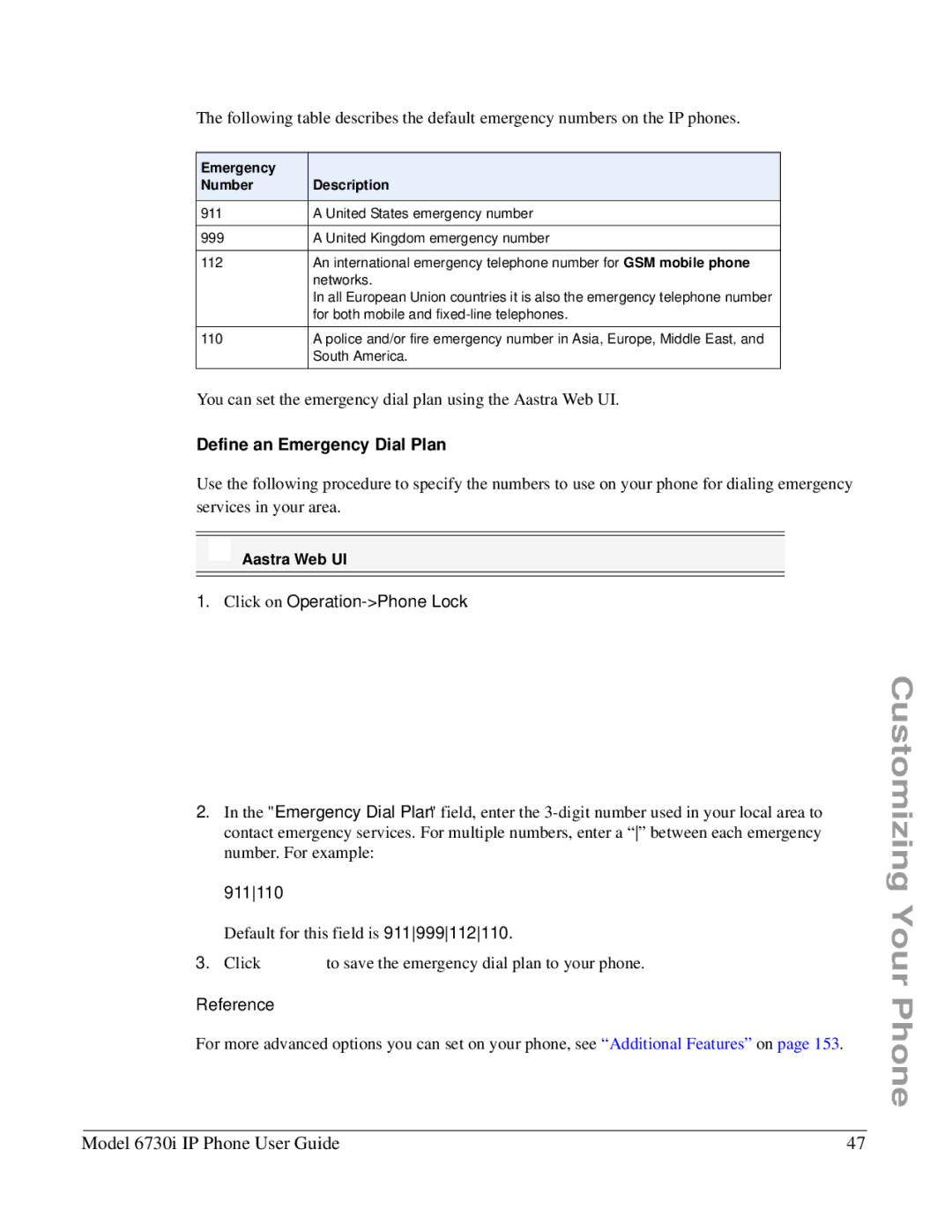 Aastra Telecom 6730I manual Define an Emergency Dial Plan, 911110, Emergency Number Description 