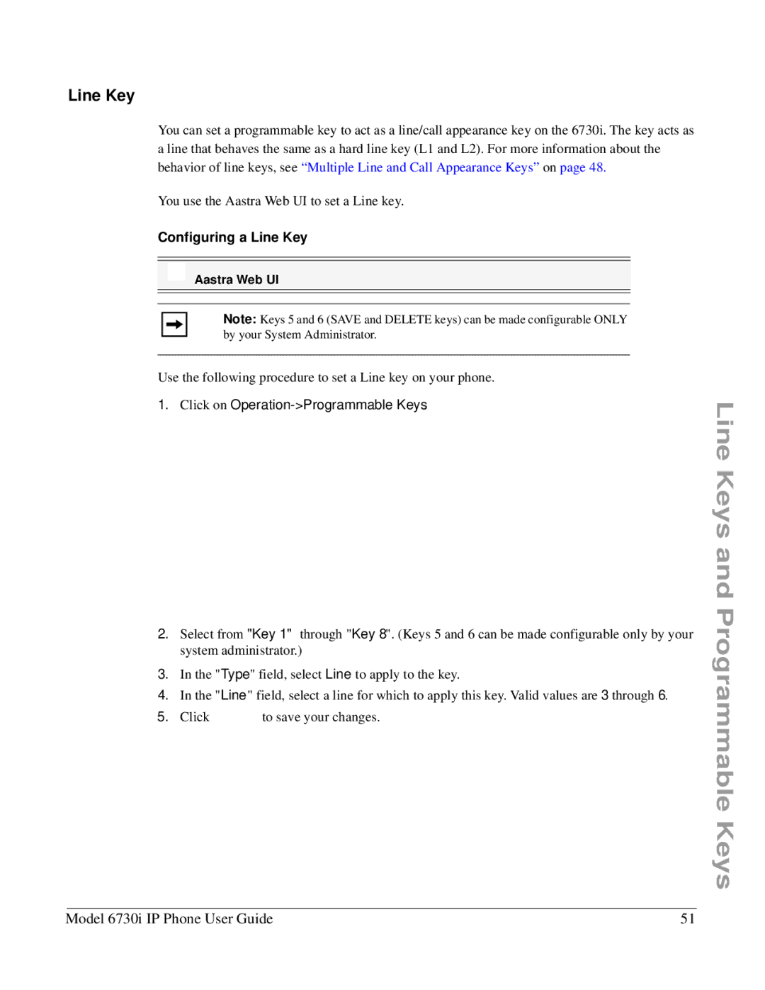 Aastra Telecom 6730I manual Configuring a Line Key, Click on Operation-Programmable Keys 