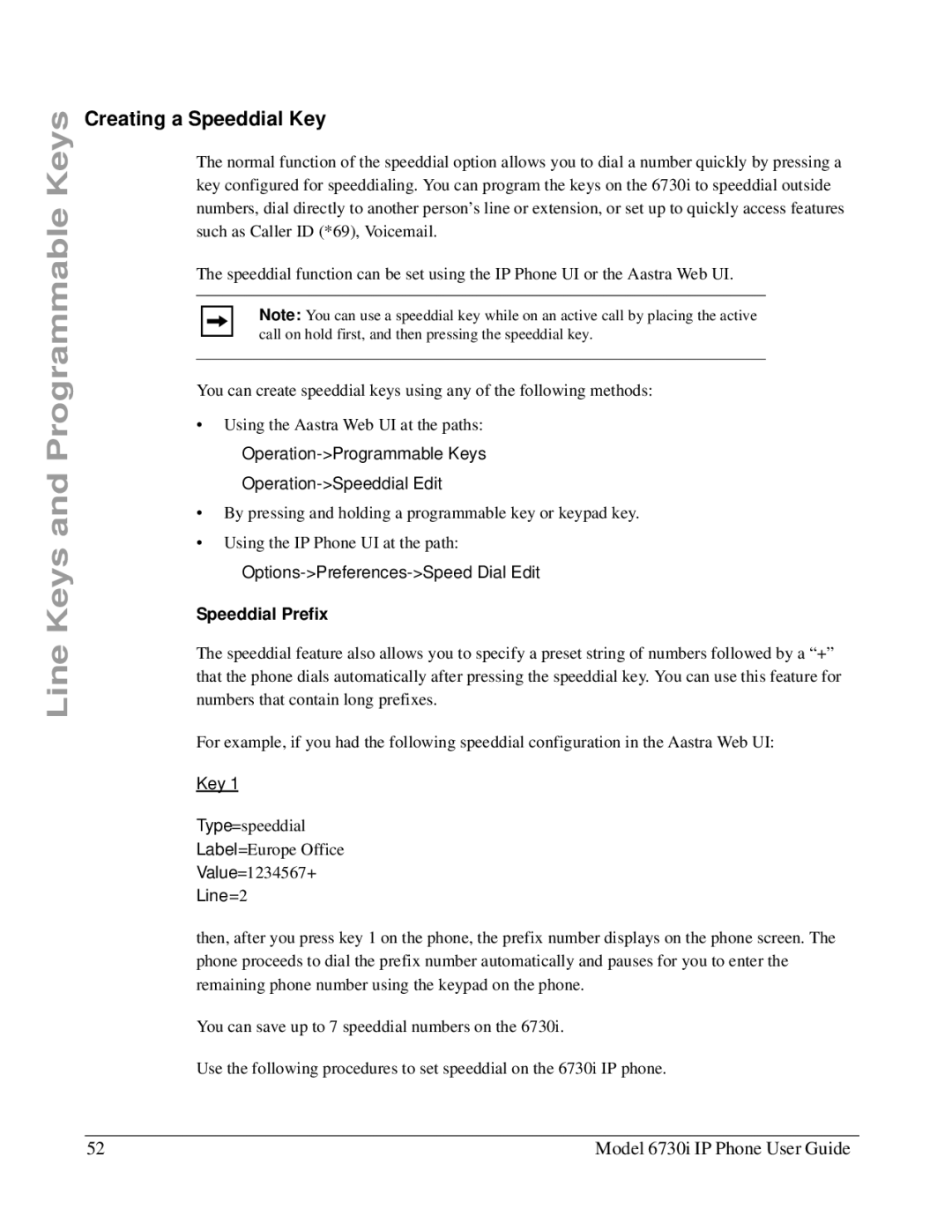 Aastra Telecom 6730I manual Creating a Speeddial Key, Speeddial Prefix, Line=2 