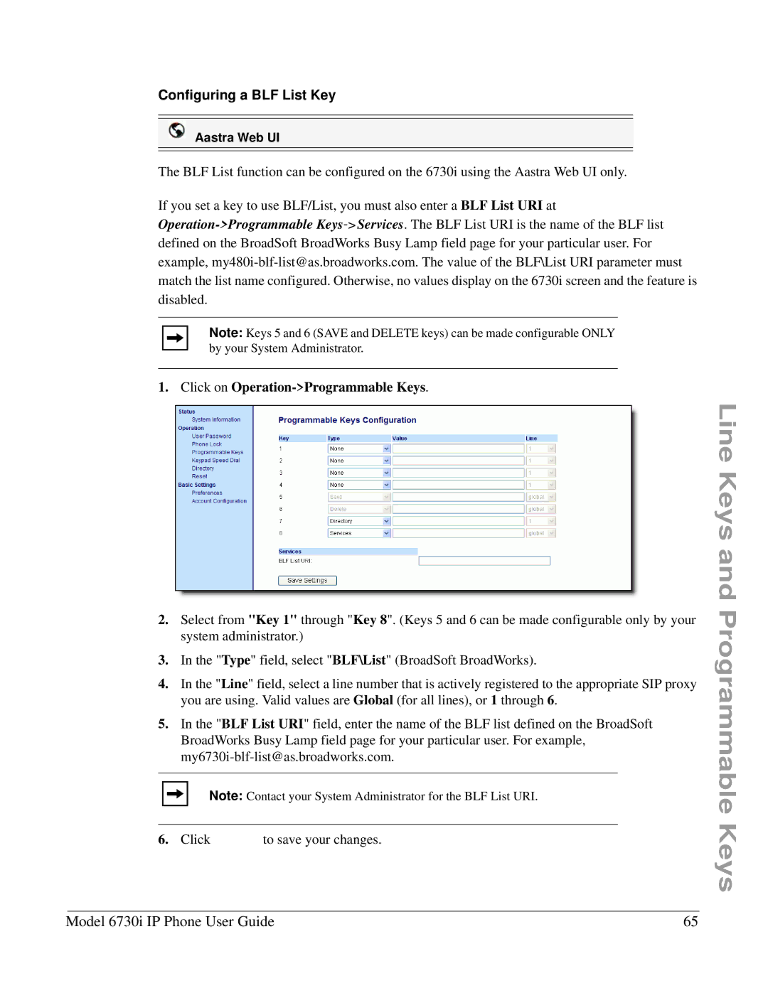 Aastra Telecom 6730I manual Configuring a BLF List Key, Click on Operation-Programmable Keys 
