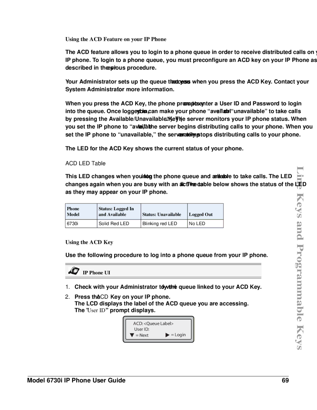 Aastra Telecom 6730I manual Using the ACD Feature on your IP Phone, ACD LED Table, Using the ACD Key 