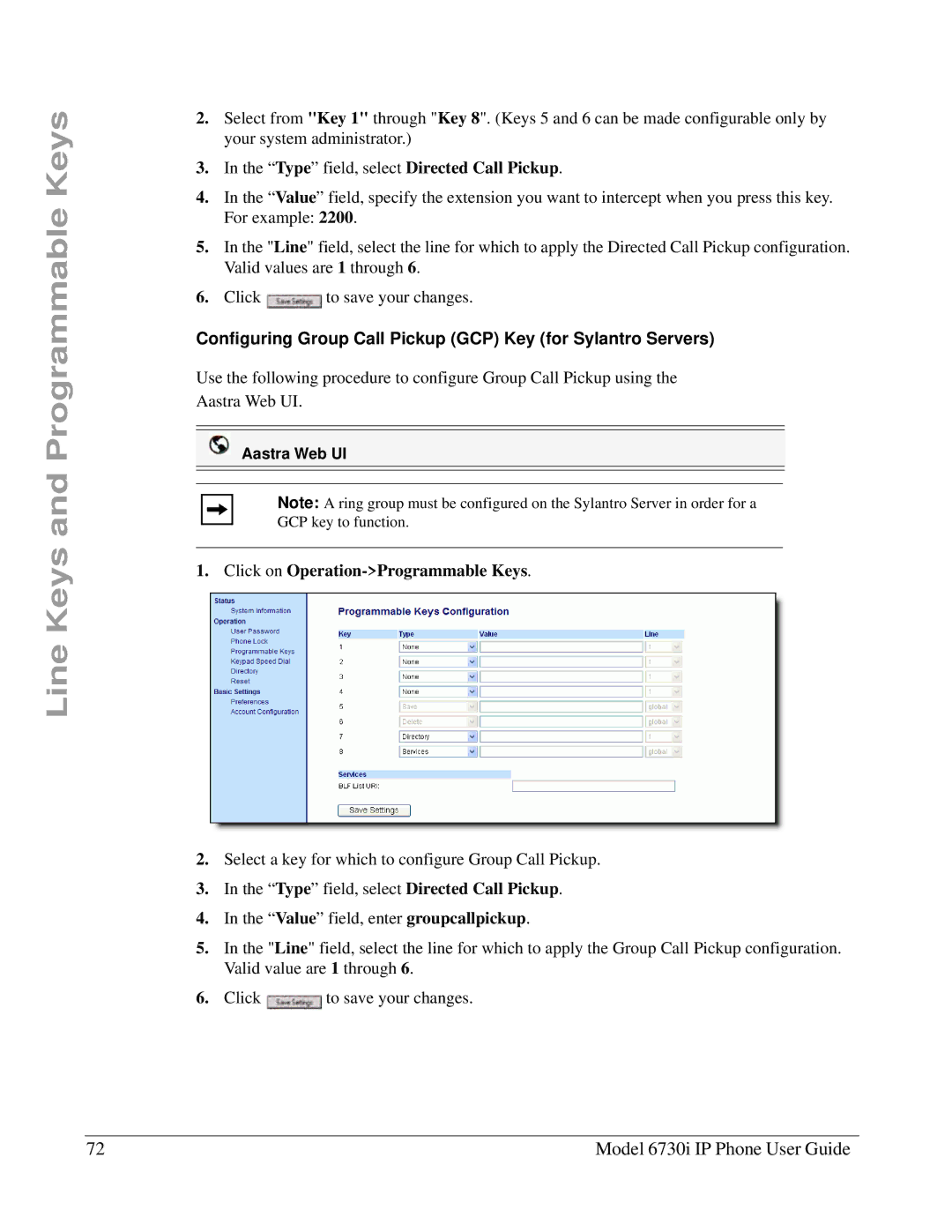 Aastra Telecom 6730I manual Configuring Group Call Pickup GCP Key for Sylantro Servers 