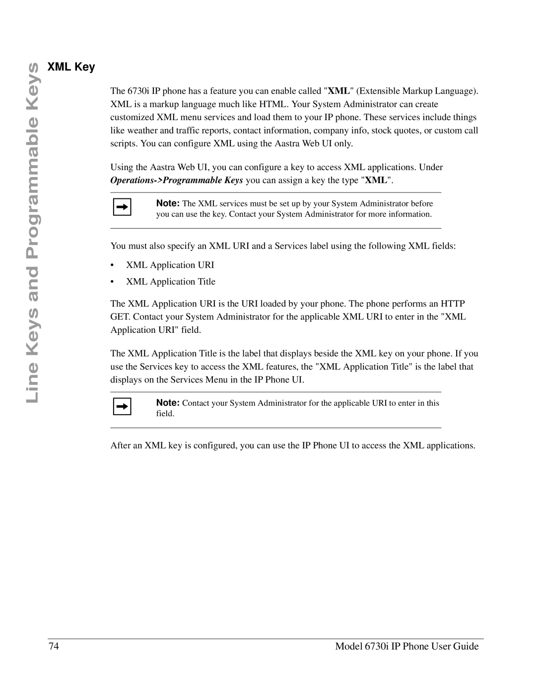 Aastra Telecom 6730I manual XML Key 