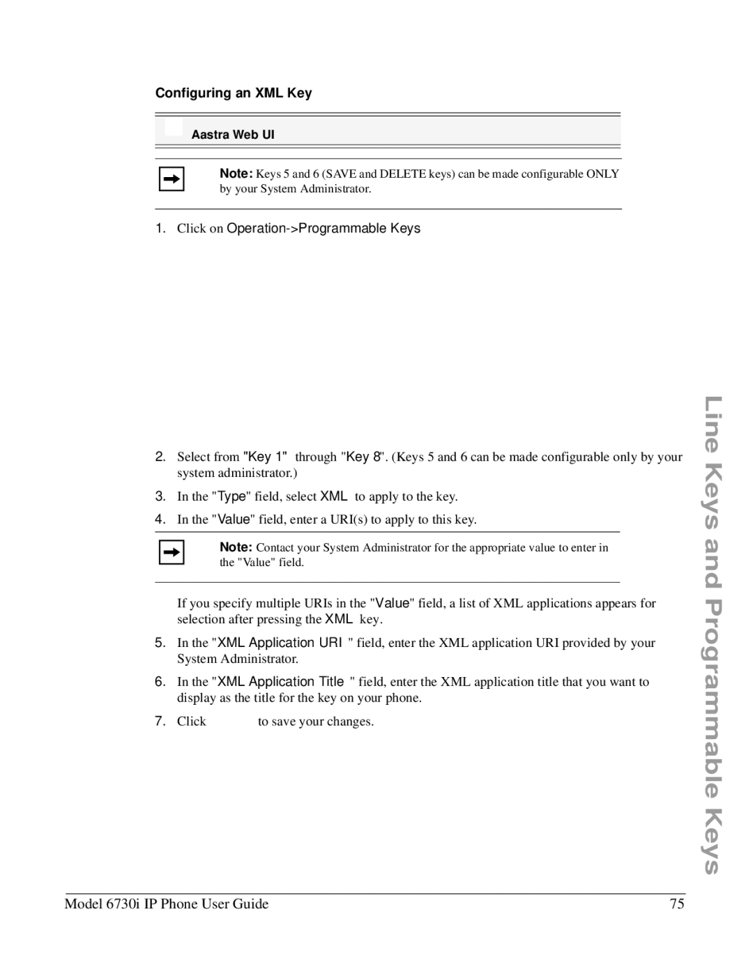 Aastra Telecom 6730I manual Configuring an XML Key, Click on Operation-Programmable Keys 