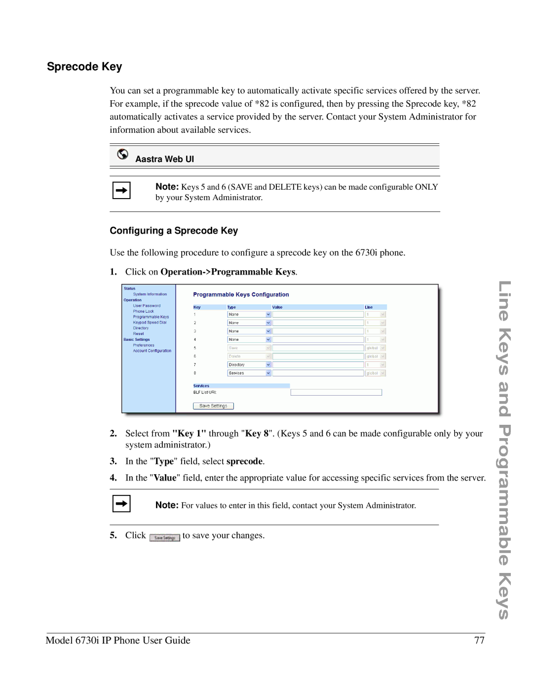 Aastra Telecom 6730I manual Configuring a Sprecode Key 