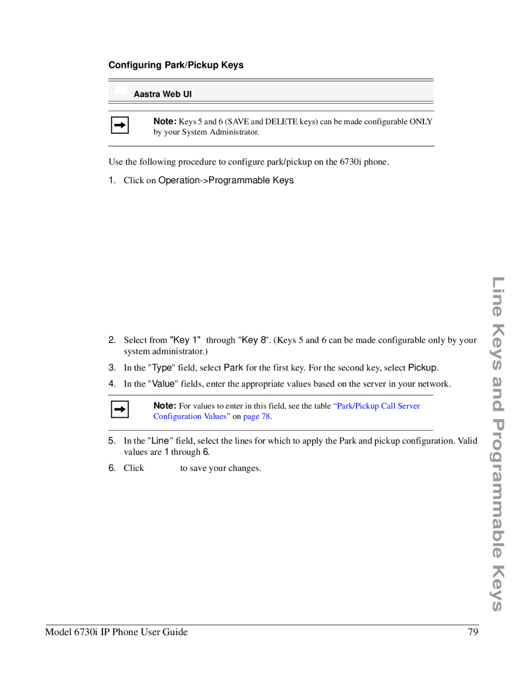Aastra Telecom 6730I manual Configuring Park/Pickup Keys 