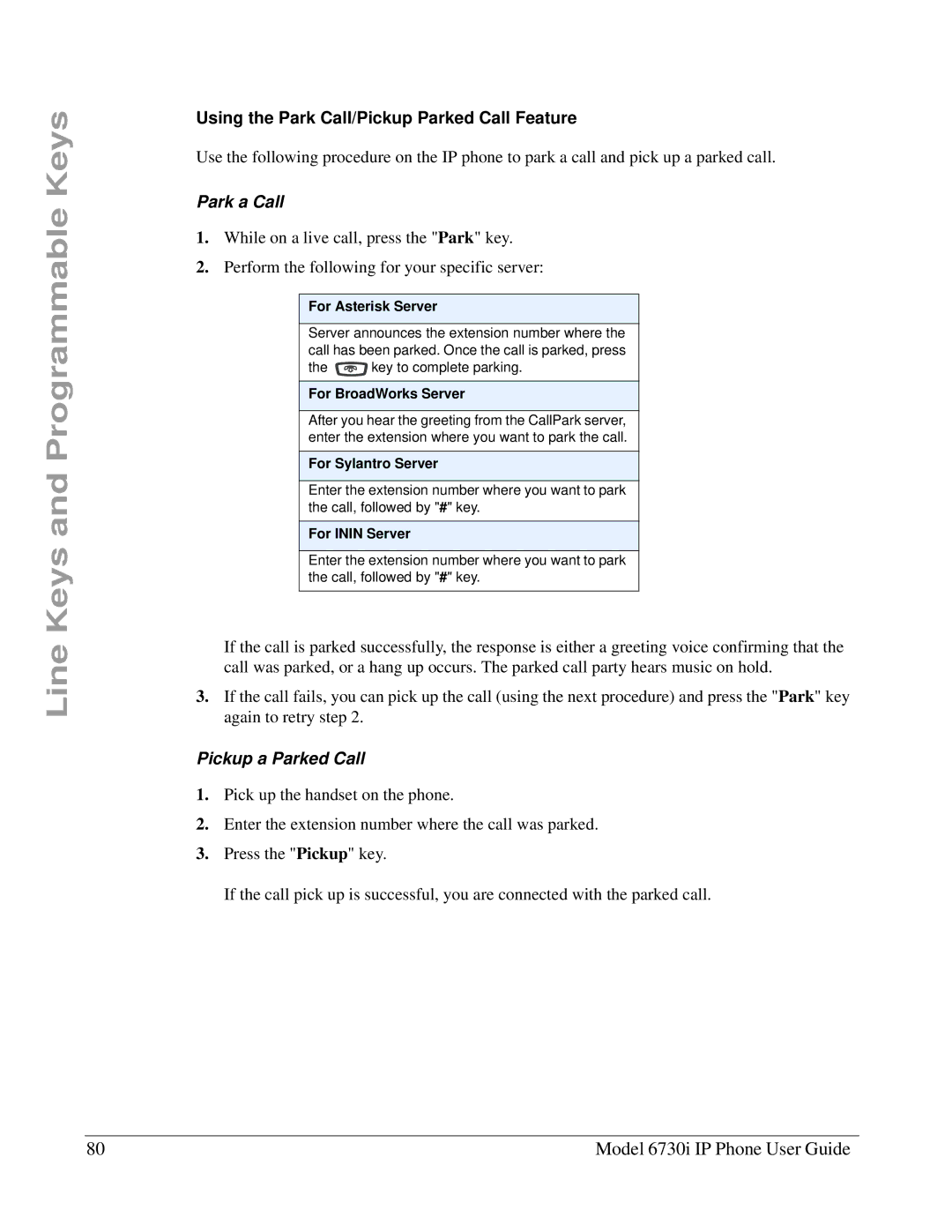 Aastra Telecom 6730I manual Using the Park Call/Pickup Parked Call Feature, Park a Call, Pickup a Parked Call 