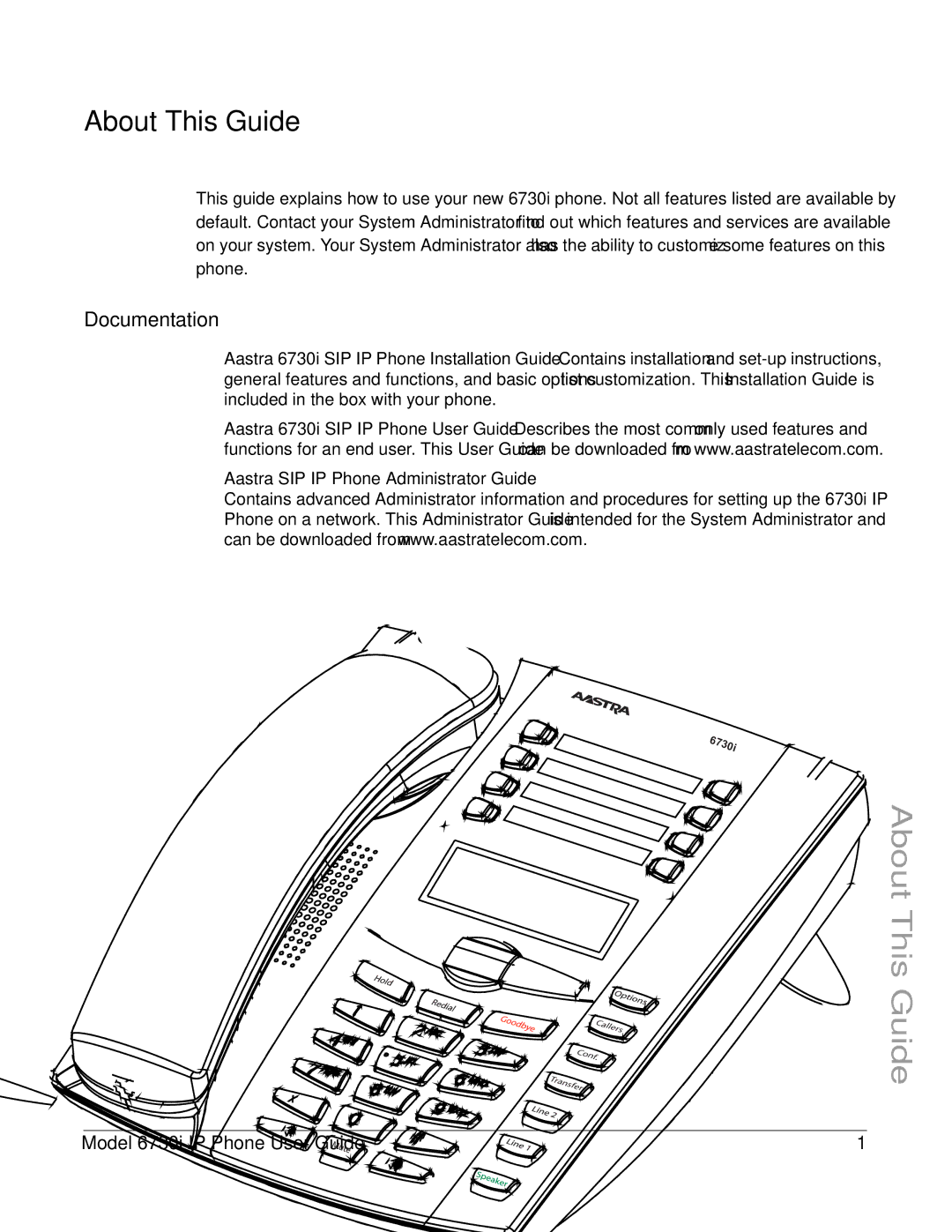 Aastra Telecom 6730I manual About This Guide, Documentation, Model 6730i IP Phone User Guide 