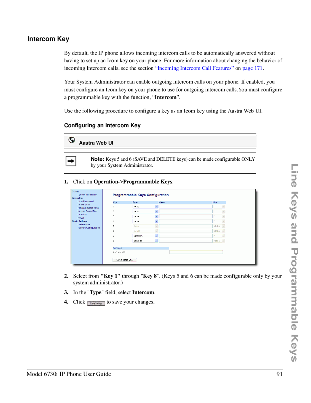 Aastra Telecom 6730I manual Configuring an Intercom Key 