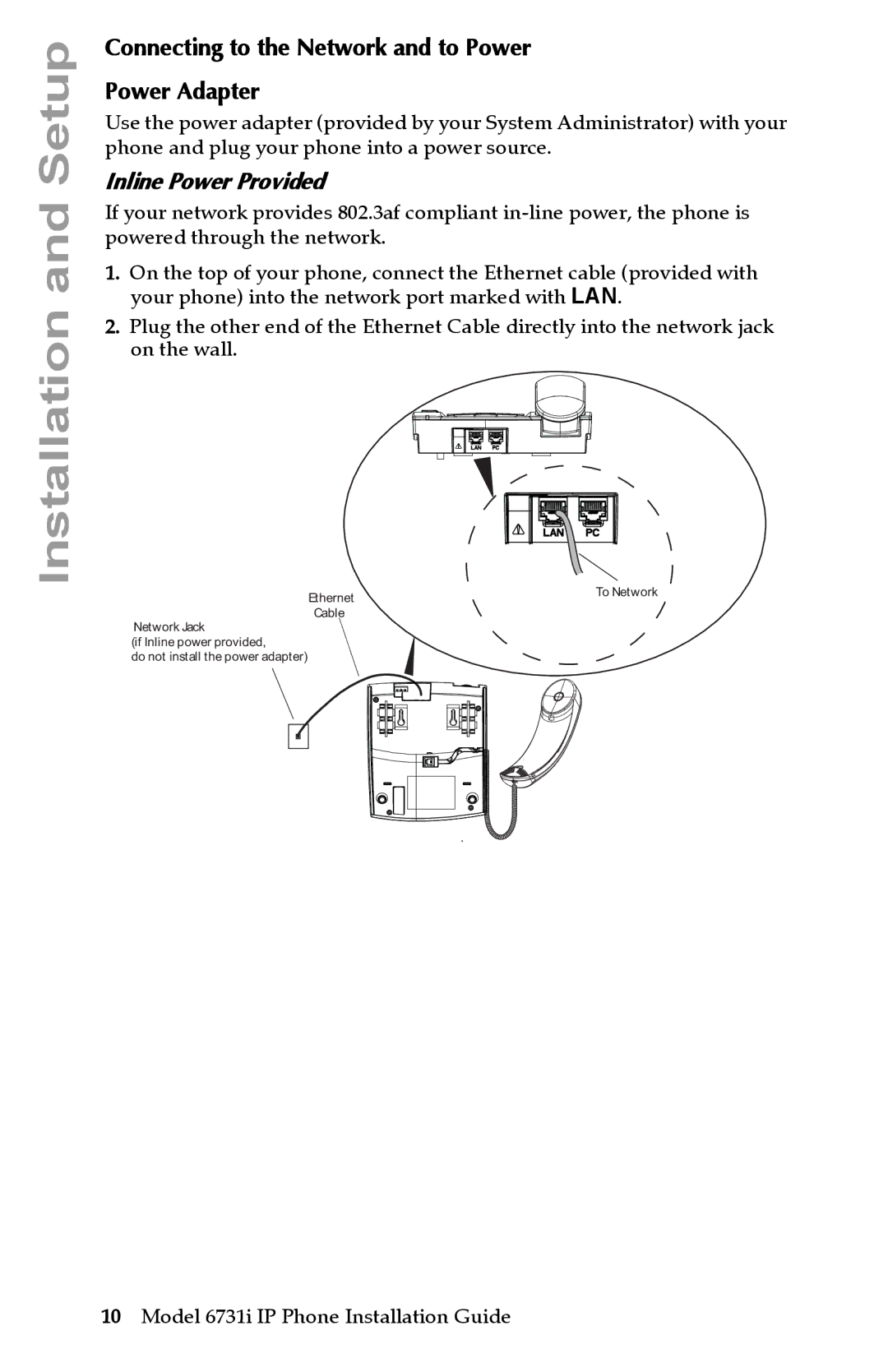 Aastra Telecom 6731I manual Connecting to the Network and to Power Power Adapter, Inline Power Provided 