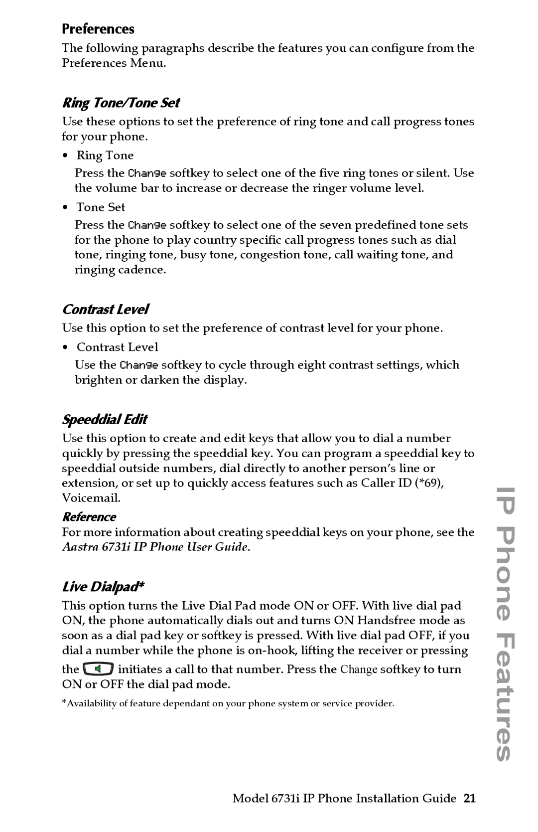 Aastra Telecom 6731I manual Preferences, Ring Tone/Tone Set, Contrast Level, Speeddial Edit, Live Dialpad 