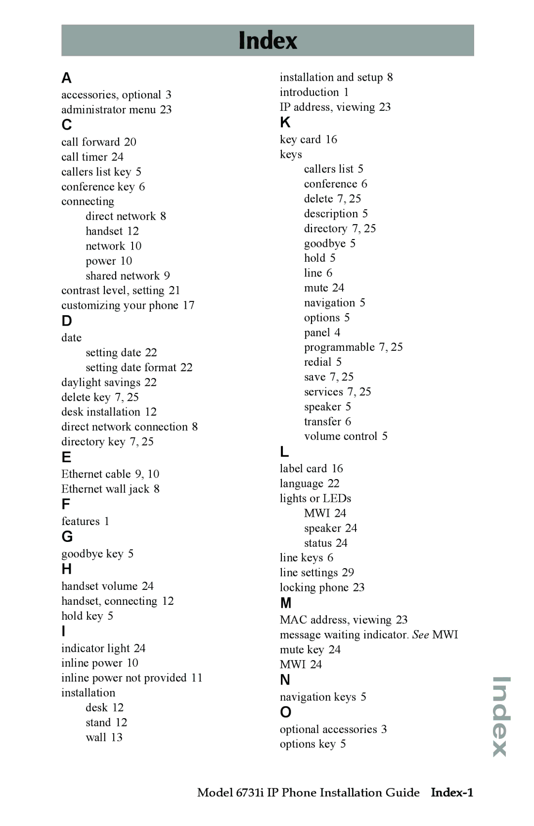 Aastra Telecom 6731I manual Index 