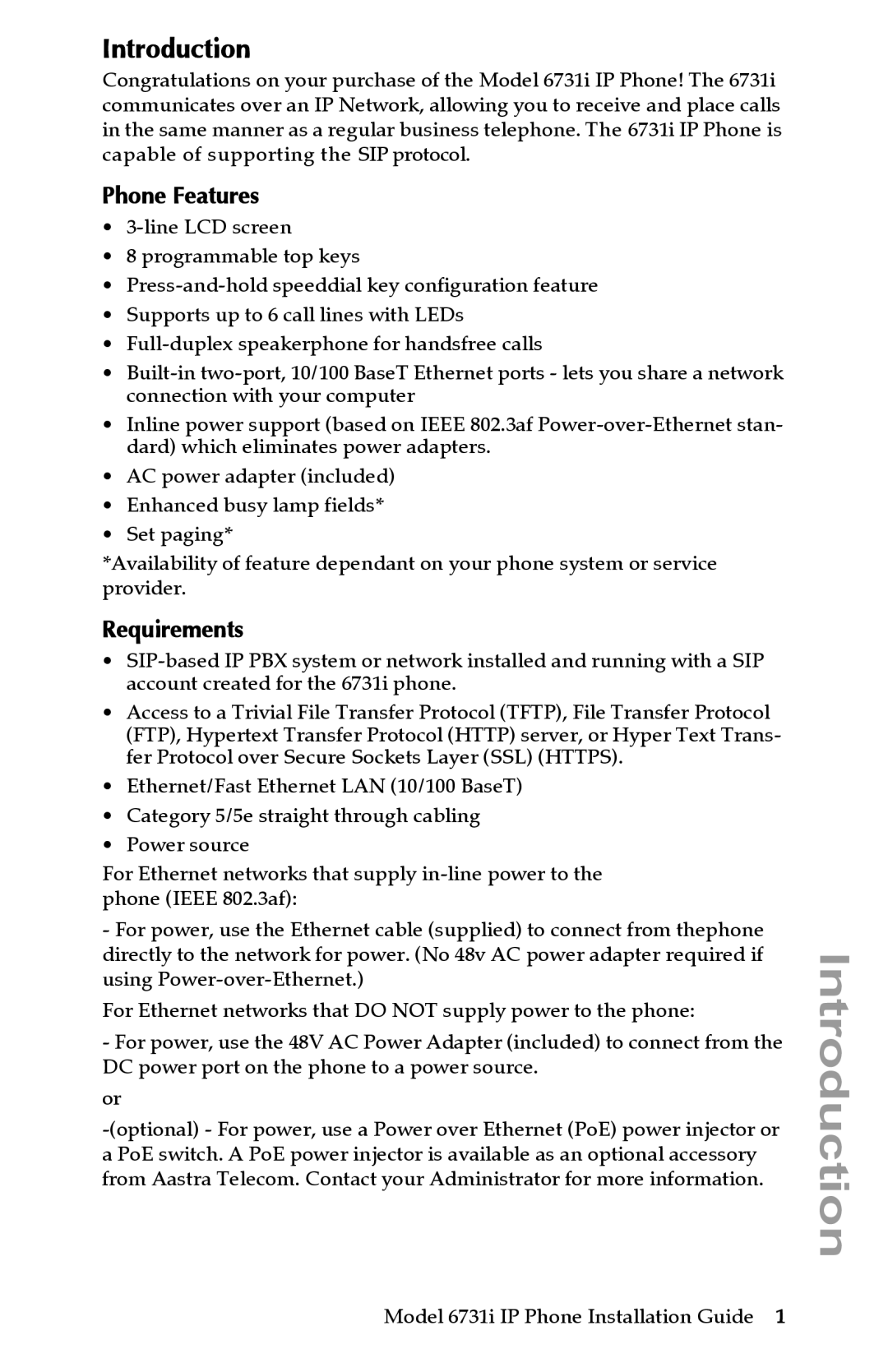 Aastra Telecom 6731I manual Introduction, Phone Features, Requirements 