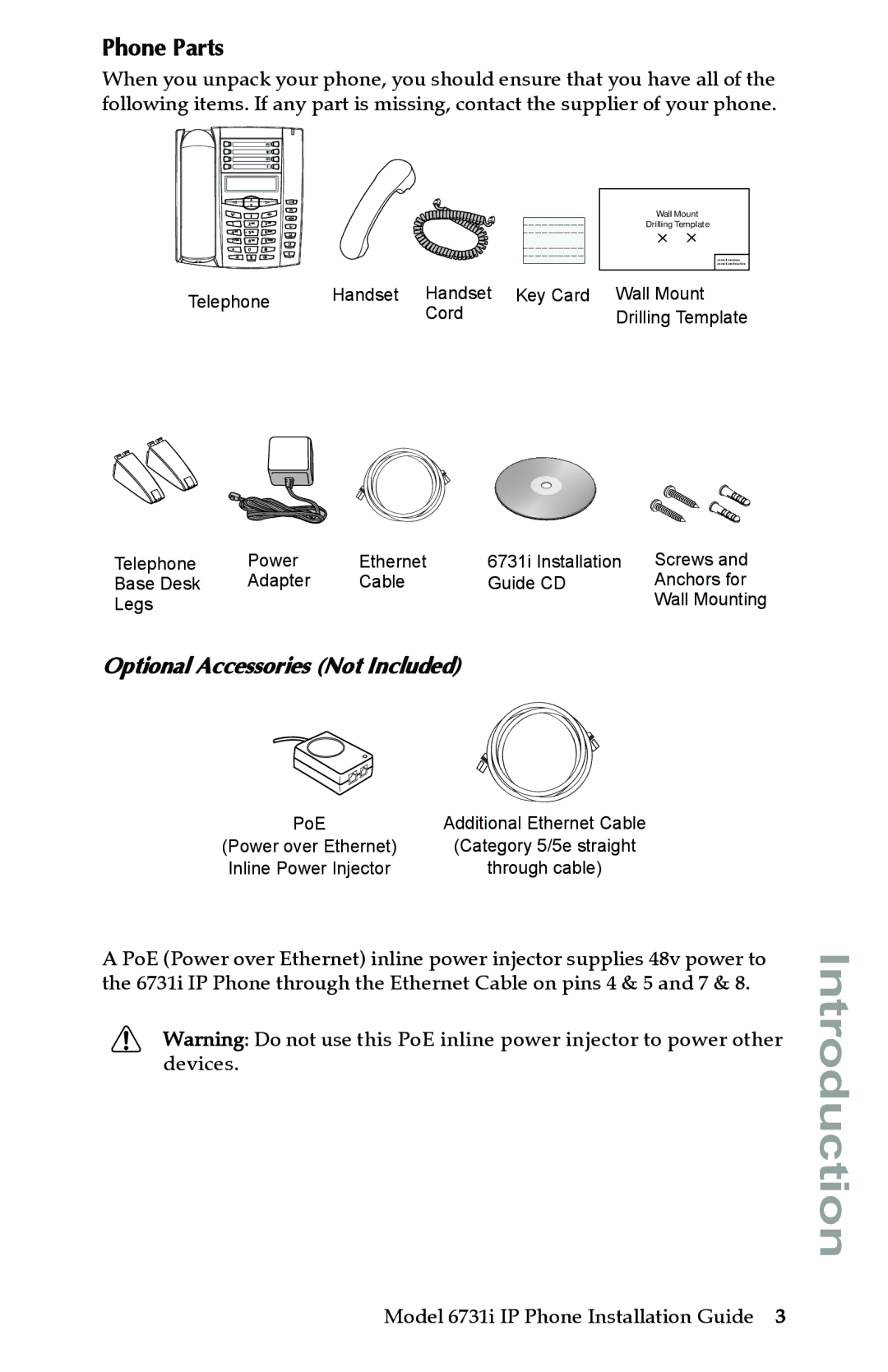 Aastra Telecom 6731I manual Phone Parts, Optional Accessories Not Included 