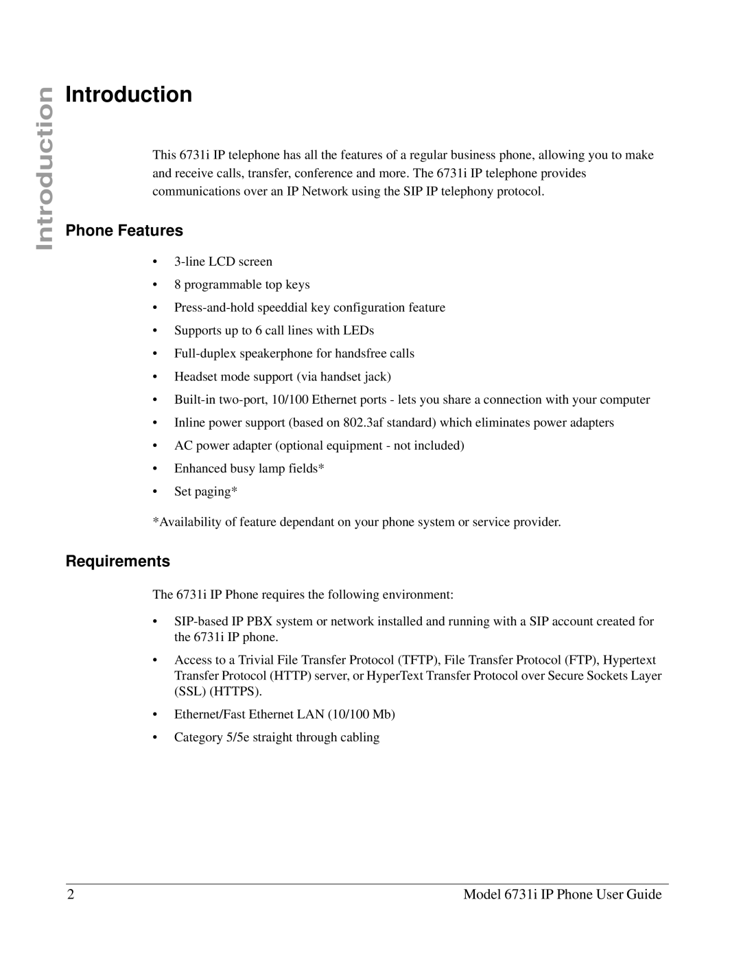 Aastra Telecom 6731I manual Introduction, Phone Features, Requirements 