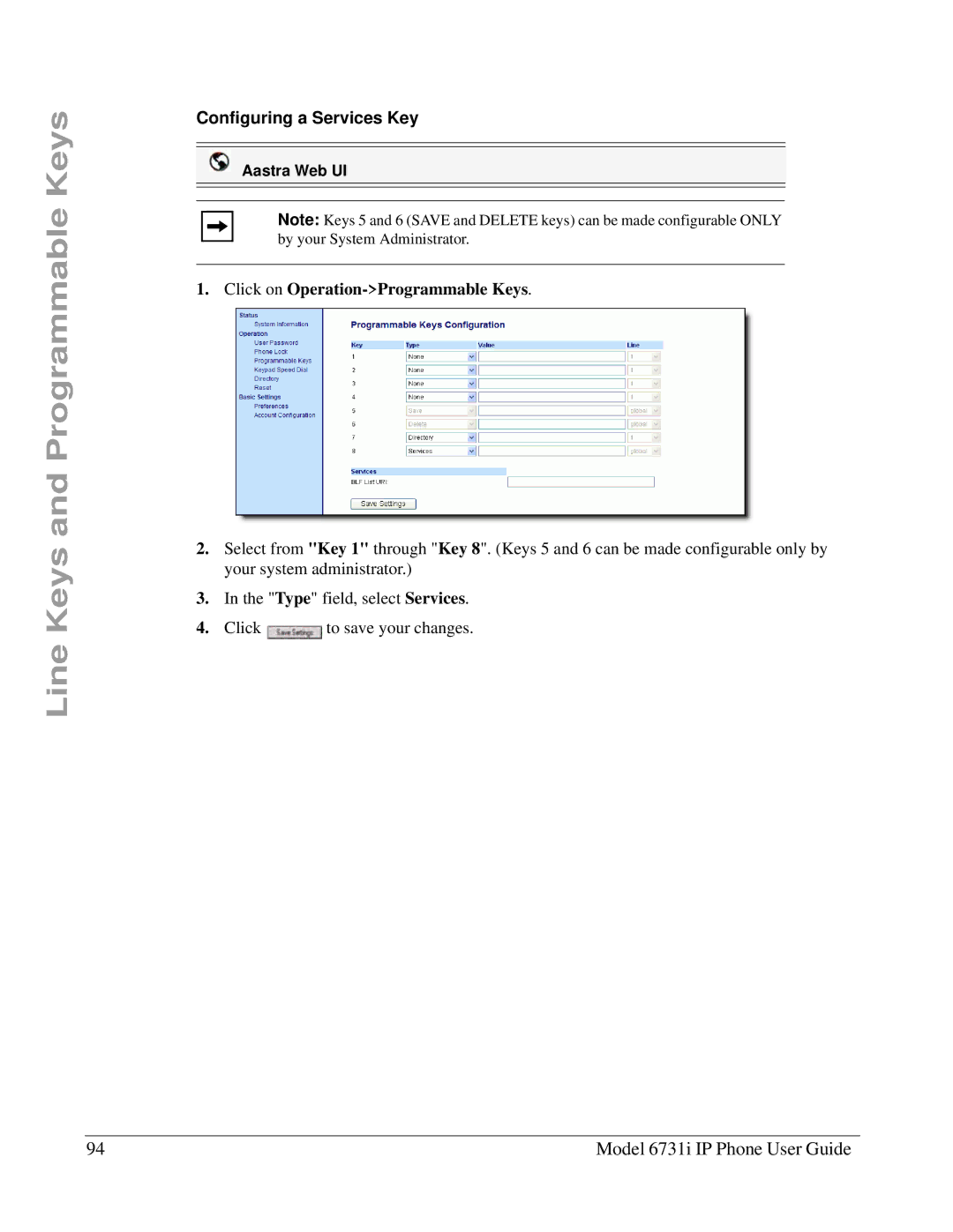 Aastra Telecom 6731I manual Configuring a Services Key, Click on Operation-Programmable Keys 