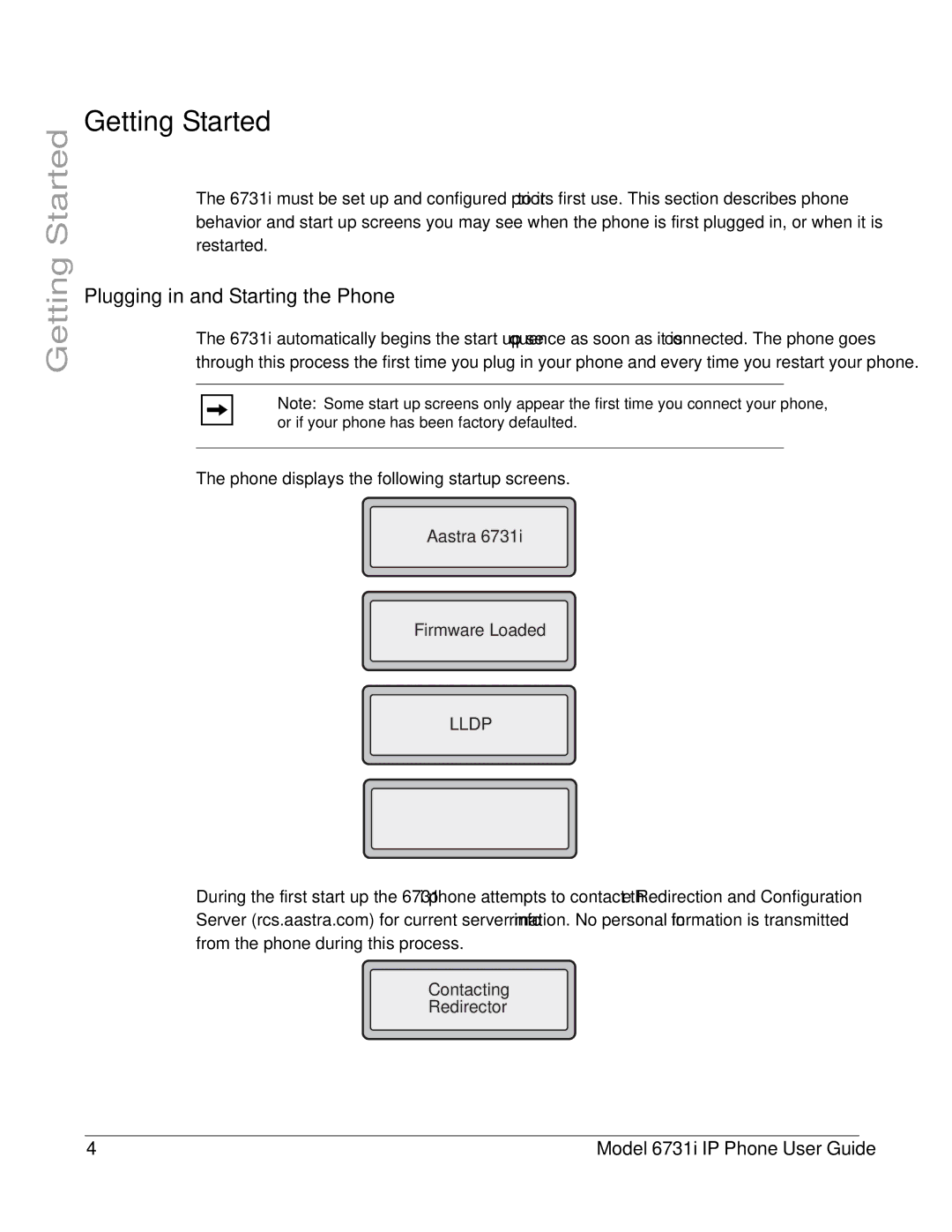 Aastra Telecom 6731I manual Getting Started, Plugging in and Starting the Phone 