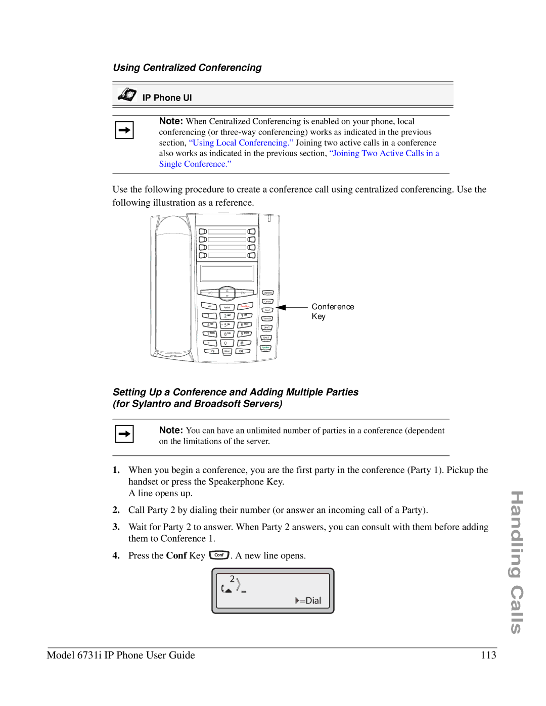 Aastra Telecom 6731I manual Model 6731i IP Phone User Guide 113, Using Centralized Conferencing 