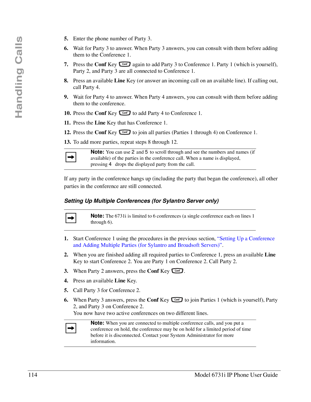 Aastra Telecom 6731I manual Model 6731i IP Phone User Guide, Setting Up Multiple Conferences for Sylantro Server only 