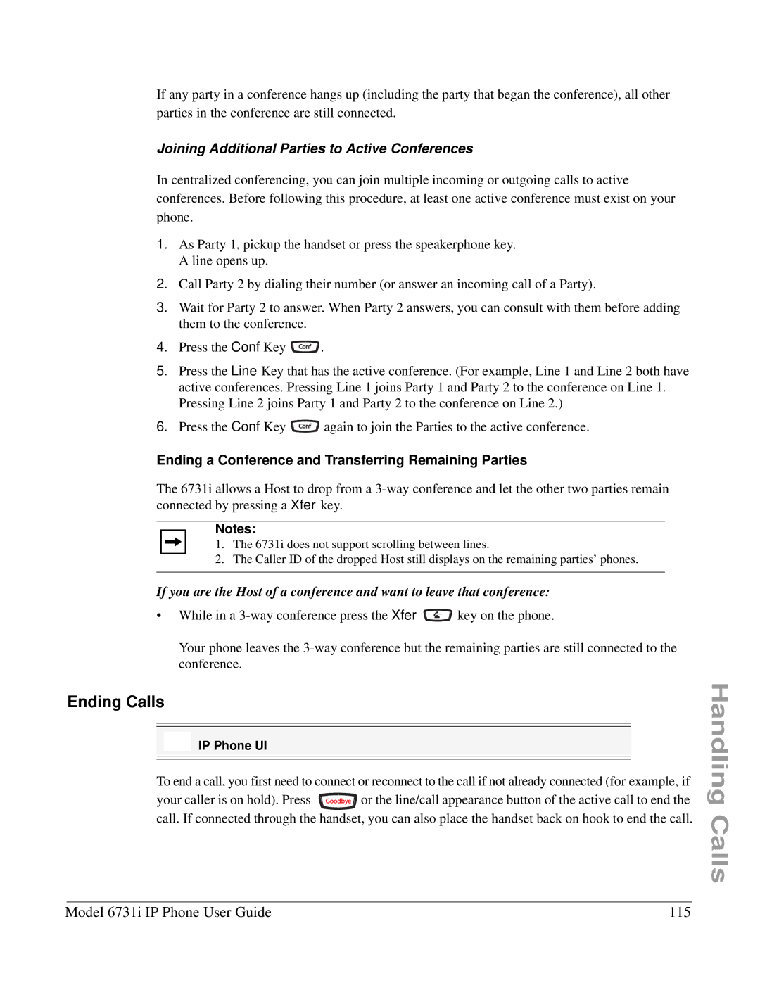 Aastra Telecom 6731I Ending Calls, Model 6731i IP Phone User Guide 115, Joining Additional Parties to Active Conferences 